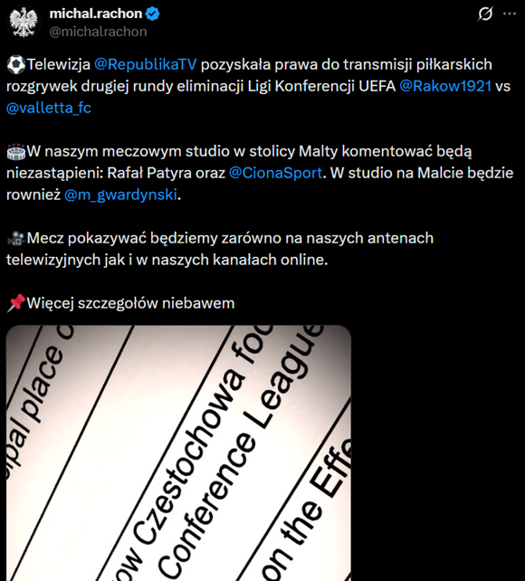 HIT! Oto kto SKOMENTUJE mecz Rakowa z Vallettą w Telewizji Republika xD